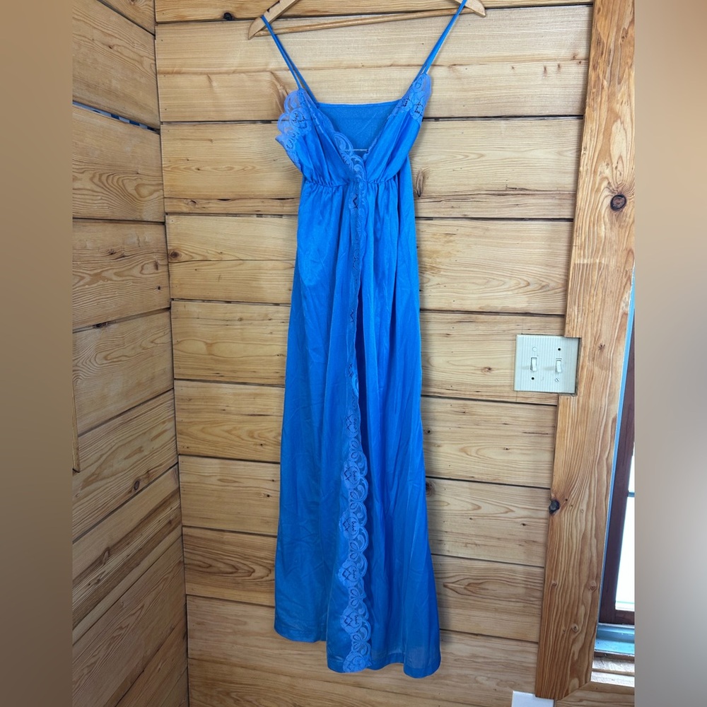 Vintage Blue Lace Satin Nightgown Nighty Chemise 16” pit to pit Women Medium - Picture 4 of 8